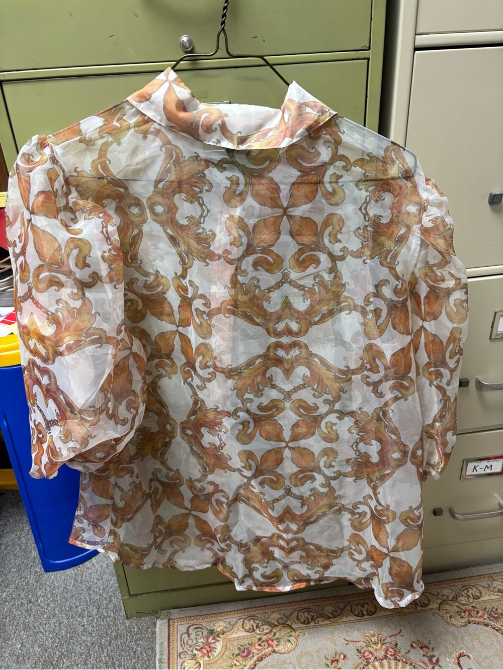 Ashley Stewart Sheer Button-Up Blouse — White with Gold-Tan Print - Picture 5 of 5